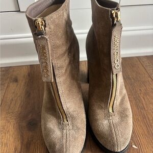 Jimmy Choo Taupe Suede Front-Zip Ankle Booties with Gold Hardware